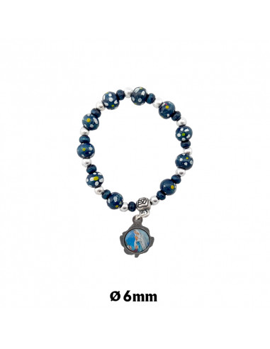 Pulsera Elastica Infantil Madera 6mm Azul Y Flores Blancas Con Bolitas Plateadas
