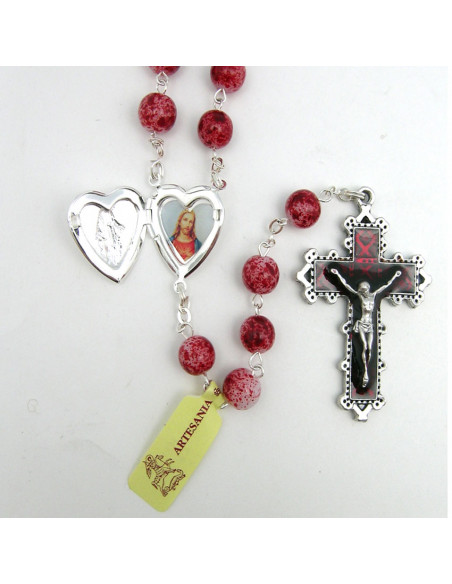 Rosario Cristal Liso 8mm Estampado Rojo Maria Corazon Personalizada Copetas