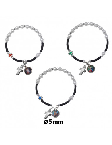 Brazalete Perla 5mm Imitacion Caucho Con Cruz Y Medalla