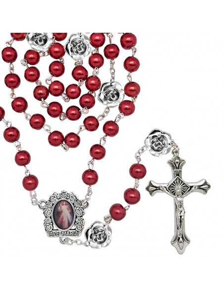 Rosario Cristal Liso Rojo 8Mm Con Paters Rosa 13Mm