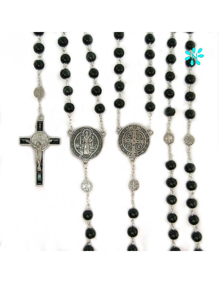 Rosario Cristal Negro 7Mm San Benito Con Maria Y Paters Medalla San Benito