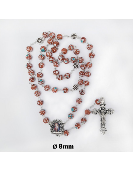 Rosario Cristal 8Mm Marron Con Puntos Celestes Estilo Marmol Y Cruz Metal Paters