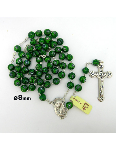 Rosario Cristal 8Mm Negro Y Pintas Blancas Estilo Marmol Y Cruz Metal Paters