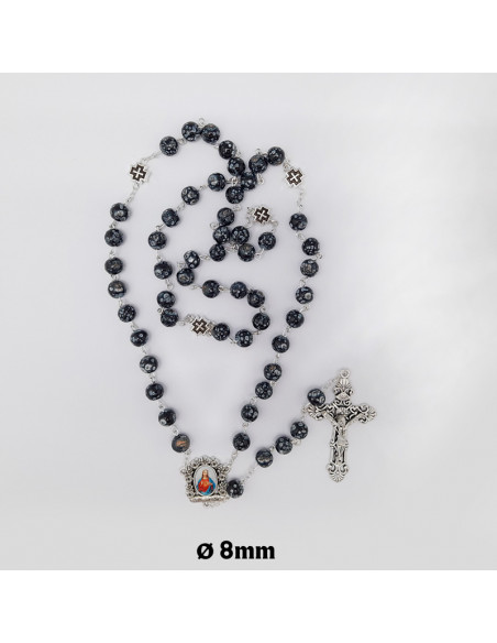 Rosario Cristal 8Mm Negro Y Pintas Blancas Estilo Marmol Y Cruz Metal Paters