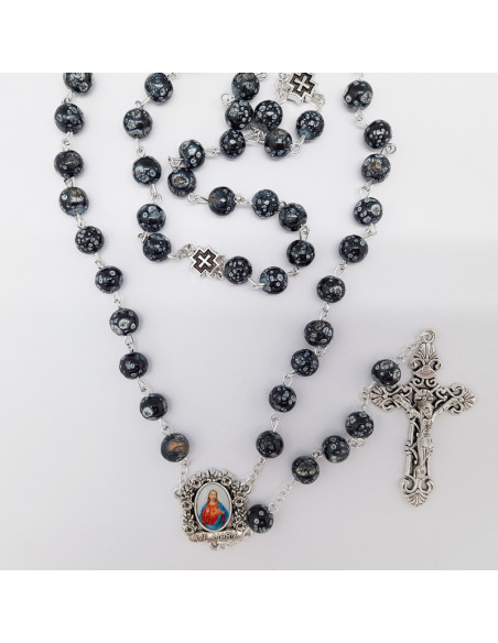 Rosario Cristal Azul Con Cuerda 8Mm Con Paters Ceramica Cruz Y Maria Dorada