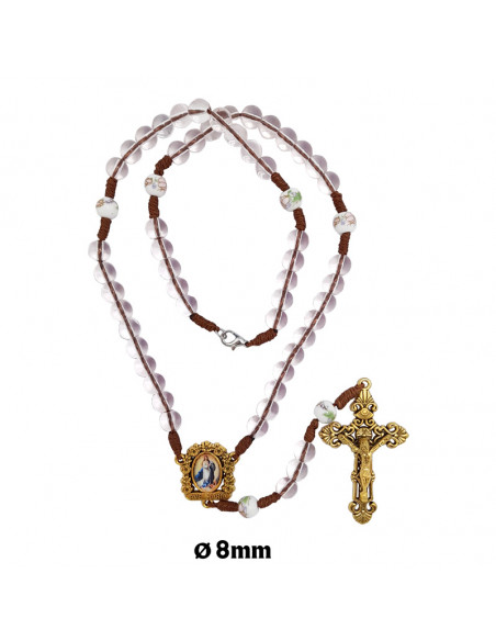 Rosario Cristal 8Mm Marron Con Puntos Celestes Estilo Marmol Y Cruz Metal Paters