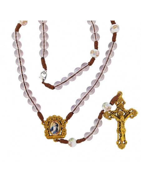 Rosario Cristal 8Mm Marron Con Puntos Celestes Estilo Marmol Y Cruz Metal Paters