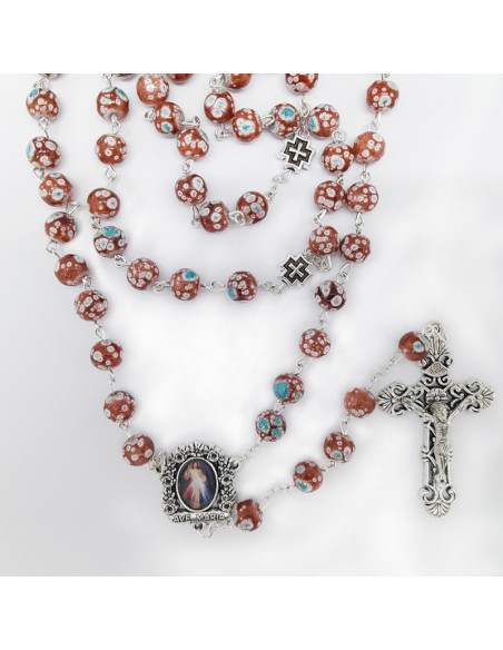 Rosario Cristal Rosa Con Cuerda 8Mm Con Paters Ceramica Cruz Y Maria Dorada