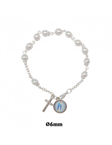 Brazalete Perla Liso 6mm Con Copetas Cruz Y Medalla Foto