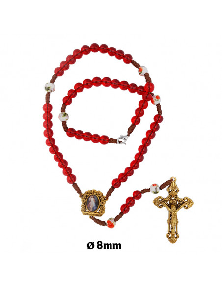 Rosario Cristal Rojo Con Cuerda 8Mm Con Paters Ceramica Cruz Y Maria Dorada