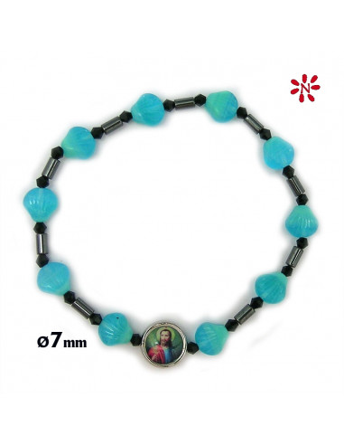Brazalete Cristal Conchas Azules 7mm Elastico Con Ematite