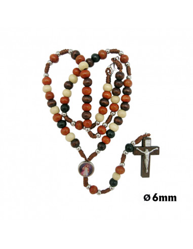 Rosario Madera Y Cuerda 6mm Tonos Marrones Y Blanco Con Mosqueton