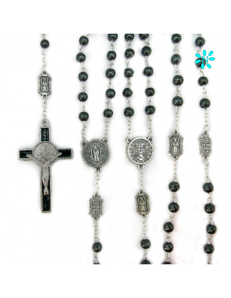 Rosario Ematite San Benito 6Mm Paters Rectangulares Y Cruz Esmaltada