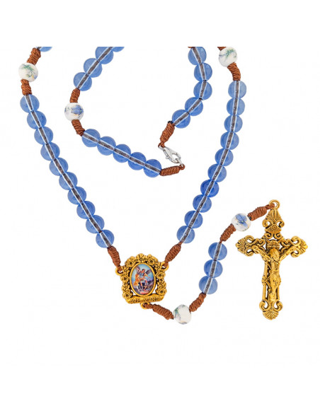 Rosario Cristal Azul Con Cuerda 8Mm Con Paters Ceramica Cruz Y Maria Dorada