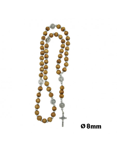 Rosario Madera San Benito 7mm Elastico Paters Medalla Y Mosqueton