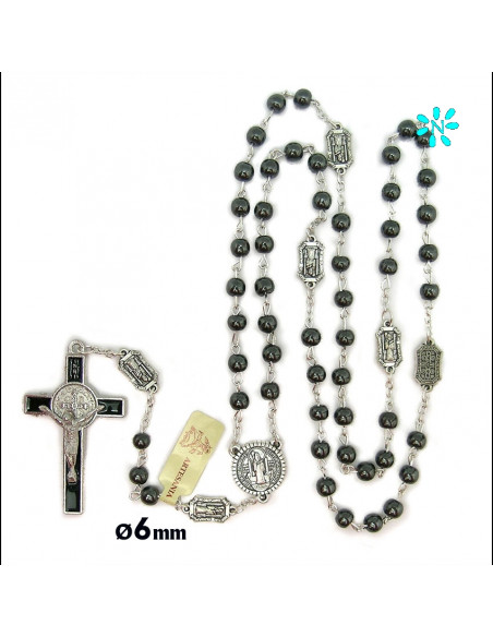 Rosario Ematite San Benito 6Mm Paters Rectangulares Y Cruz Esmaltada
