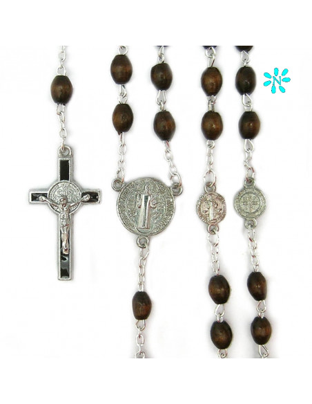 Rosario Madera Marron Oval San Benito 6mm Maria Y Paters Medallas Redondas