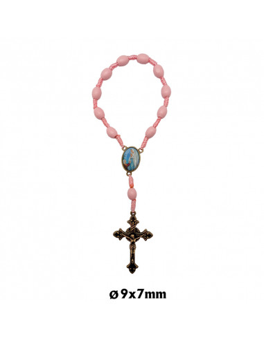 Decena madera y cuerda rosa 10x8mm cruz y maria color bronce