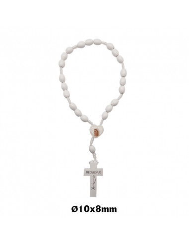 Decena Medjugorie Madera y Cuerda Blanca Oval 7x8mm Maria Forma Corazon