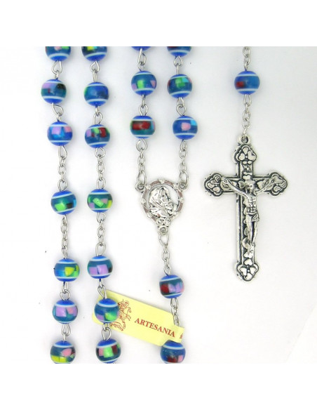 Rosario Plastico Redondo Azul 8mm Tipo Mosaico