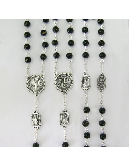 Rosario Plastico San Benito 6mm Negro Con Hilos Dorados