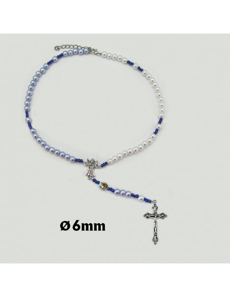 Rosario Collar Plastico Con Maria Angel Guarda Niño Dos Colores Blanco Y Azul