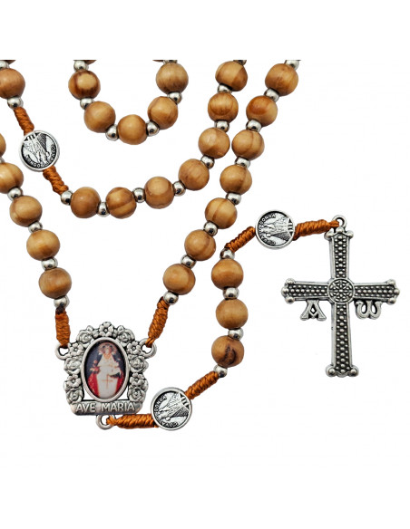 Rosario Madera Y Cuerda Virgen Covadonga 6X7mm Marron Cruz Victoria Mosqueton