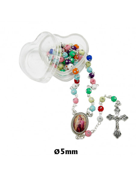 Rosario Plastico 5mm Multicolor Con Brillante En Caja Tipo Corazon