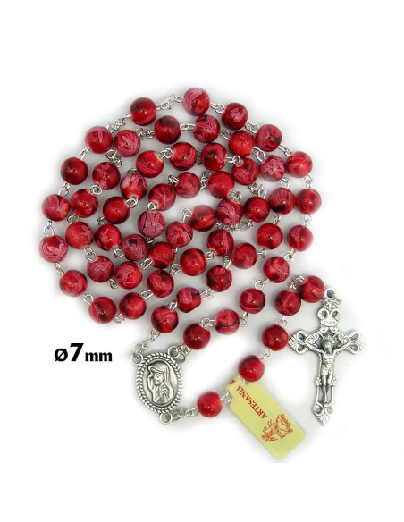 Rosario Plastico Rojo 7Mm Con Adornos Blancos