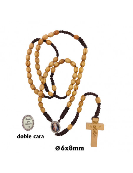 Rosario Madera Tipo Olivo 8X6mm Y Cuerda Cruz Grabada