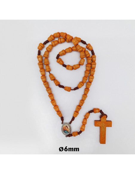 Rosario Madera Forma Bellota 9X7mm Y Cuerda Cruz Grabada