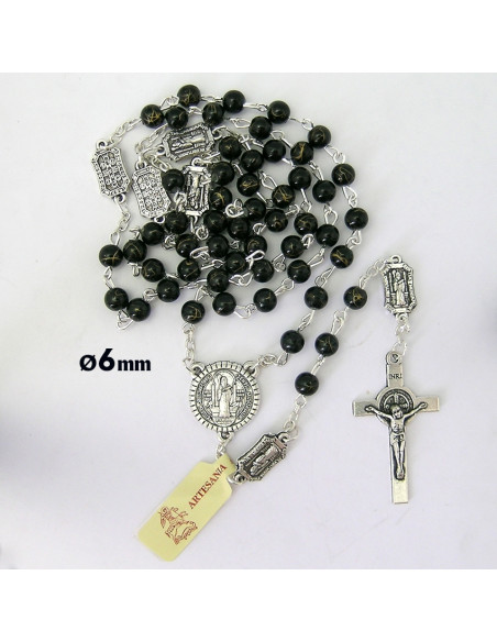 Rosario Plastico San Benito 6Mm Negro Con Hilos Dorados