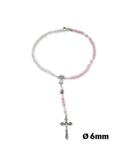 Rosario Collar Plastico Con Maria Angel Guarda Niña Dos Colores Blanco Y Rosa
