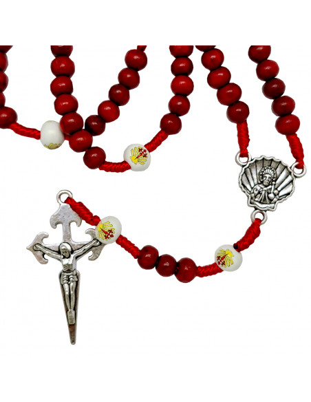 Rosario Madera Y Cuerda Santiago 6X7mm Rojo Paters Blancos Serigrafiados Mosqueton