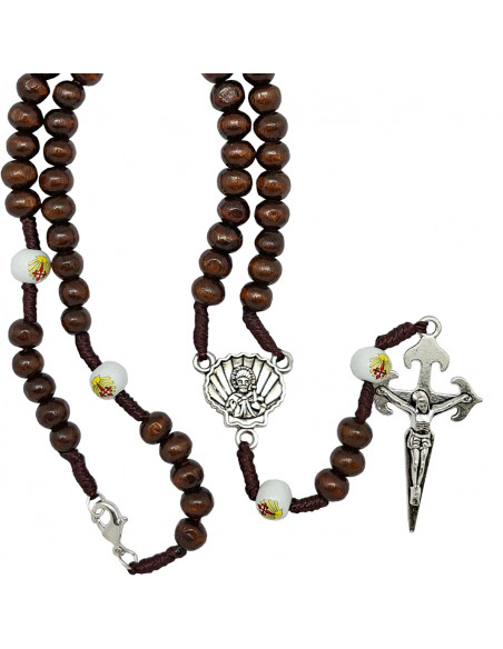 Rosario Madera Y Cuerda Santiago 6X7mm Marron Paters Blancos Serigrafiados Mosqueton