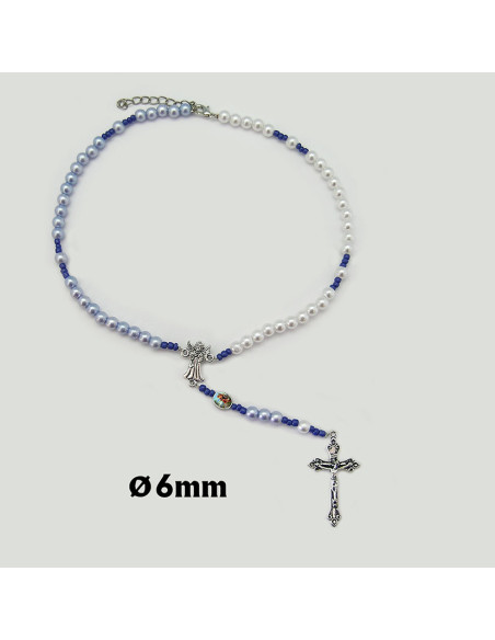 Rosario Collar Plastico Con Maria Angel Guarda Niño Dos Colores Blanco Y Azul