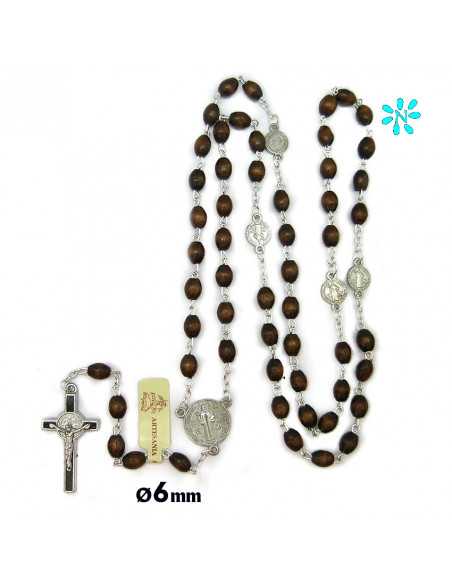 Rosario Madera Marron Oval San Benito 6Mm Maria Y Paters Medallas Redondas