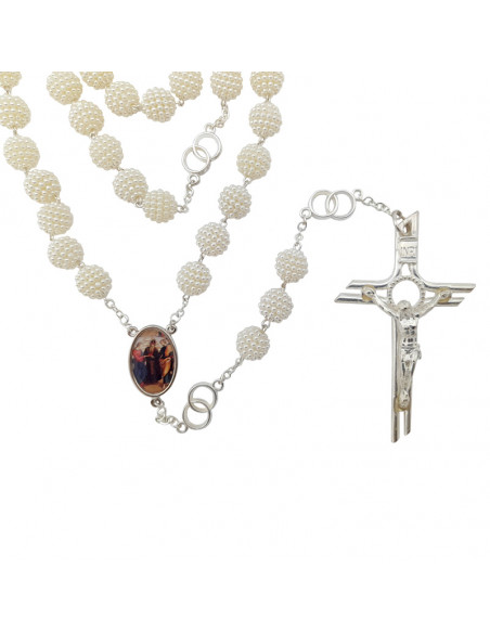 Rosario Perla Blanca 12mm Del Matrimonio Plateado Paters Con Doble Anillo