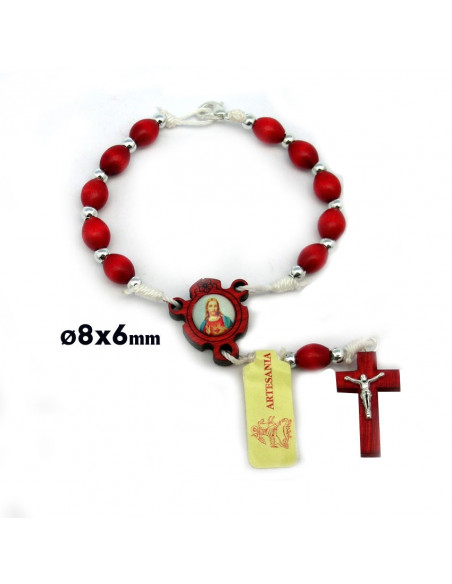 Decena Madera Roja 8X6mm Cuerda Bolitas Metal Cruz Cristo Mosqueton