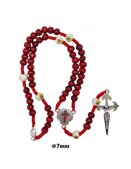 Rosario Madera Y Cuerda Santiago 6X7mm Rojo Paters Blancos Serigrafiados Mosqueton