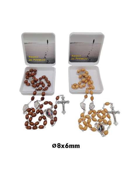 Rosario Madera Oval 8X6mm Del Peregrino Con Dos Pies En Los Paters