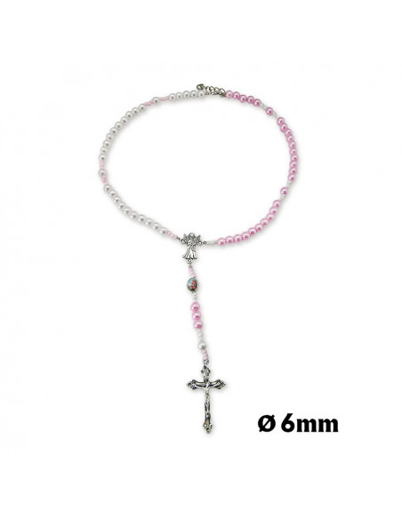 Rosario Collar Plastico Con Maria Angel Guarda Niña Dos Colores Blanco Y Rosa