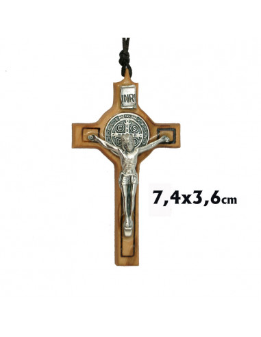 Cruz San Benito Madera Olivo 74mm con texto y caja