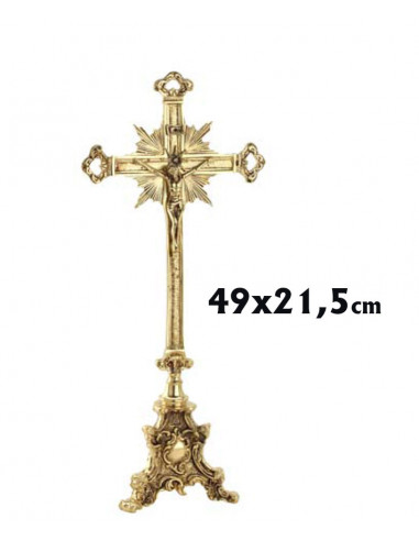 Crucifijo Altar Bronce 49cm Triangular Pie Labrado Con Medallon Liso Al Centro