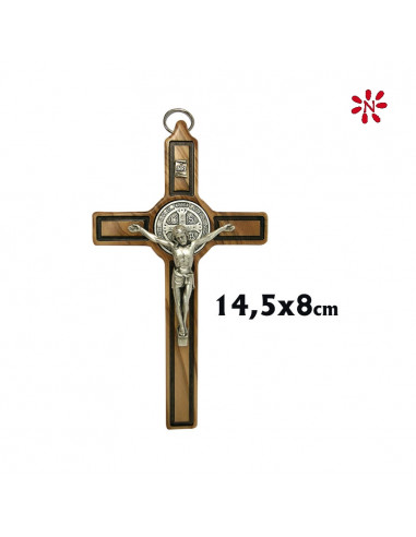 Cruz San Benito 14. 5x8cm Madera Olivo Con Medalla Y Cristo Metal