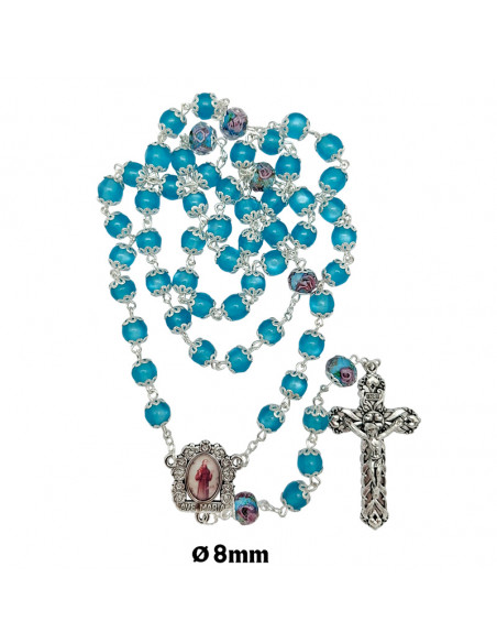 Rosario Resina Liso 8Mm Celeste Paters Cristal Con Rosa Interna Y Todo Copetas