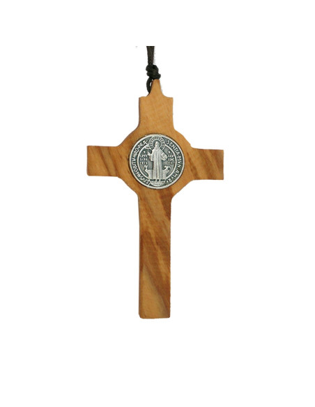 Cruz San Benito Madera Olivo 74Mm Con Texto Y Caja