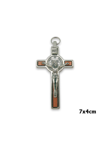 Cruz San Benito Madera Natural mogano Y Metal Con Estuche Y Folleto