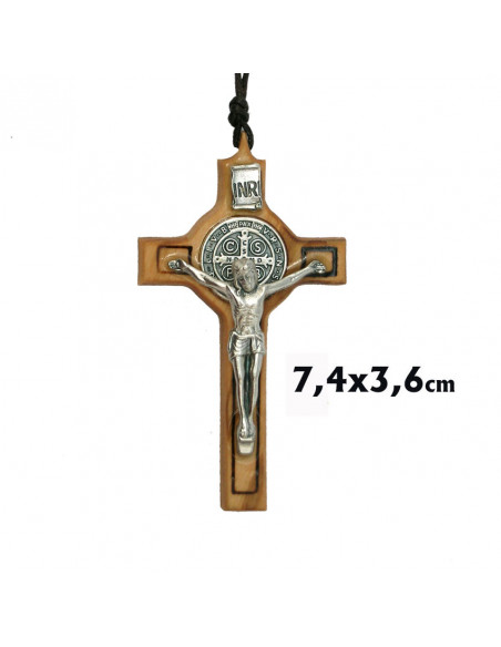 Cruz San Benito Madera Olivo 74Mm Con Texto Y Caja