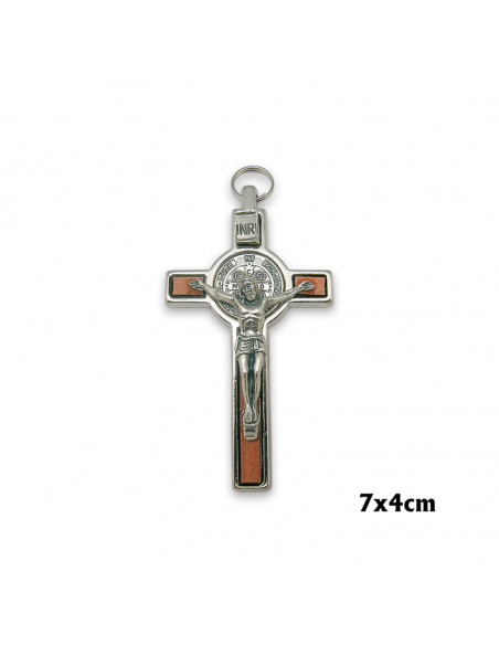 Cruz San Benito Madera Natural mogano Y Metal Con Estuche Y Folleto